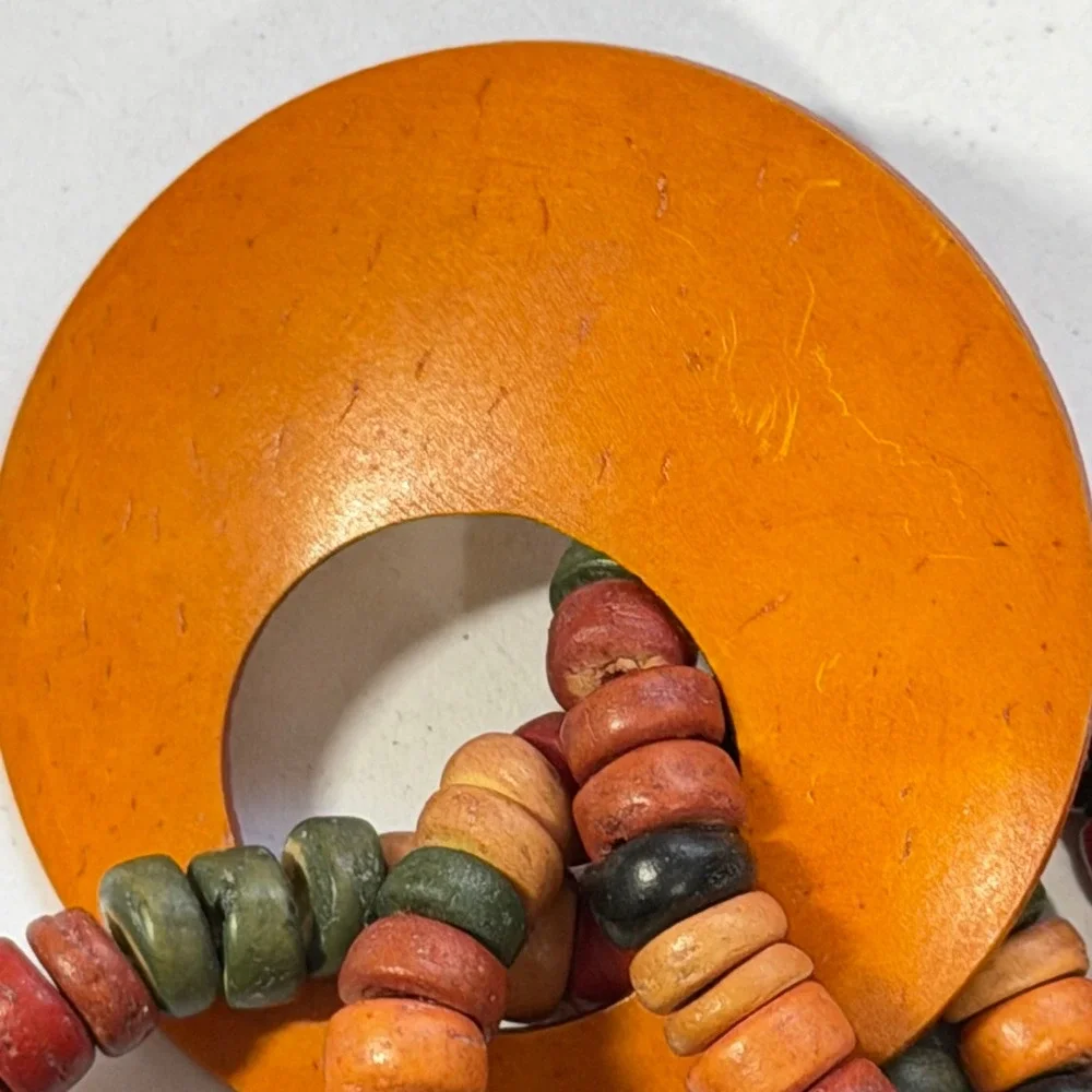 Vintage Philippines Orange Wood Beaded Boho Statement Pierced Earrings